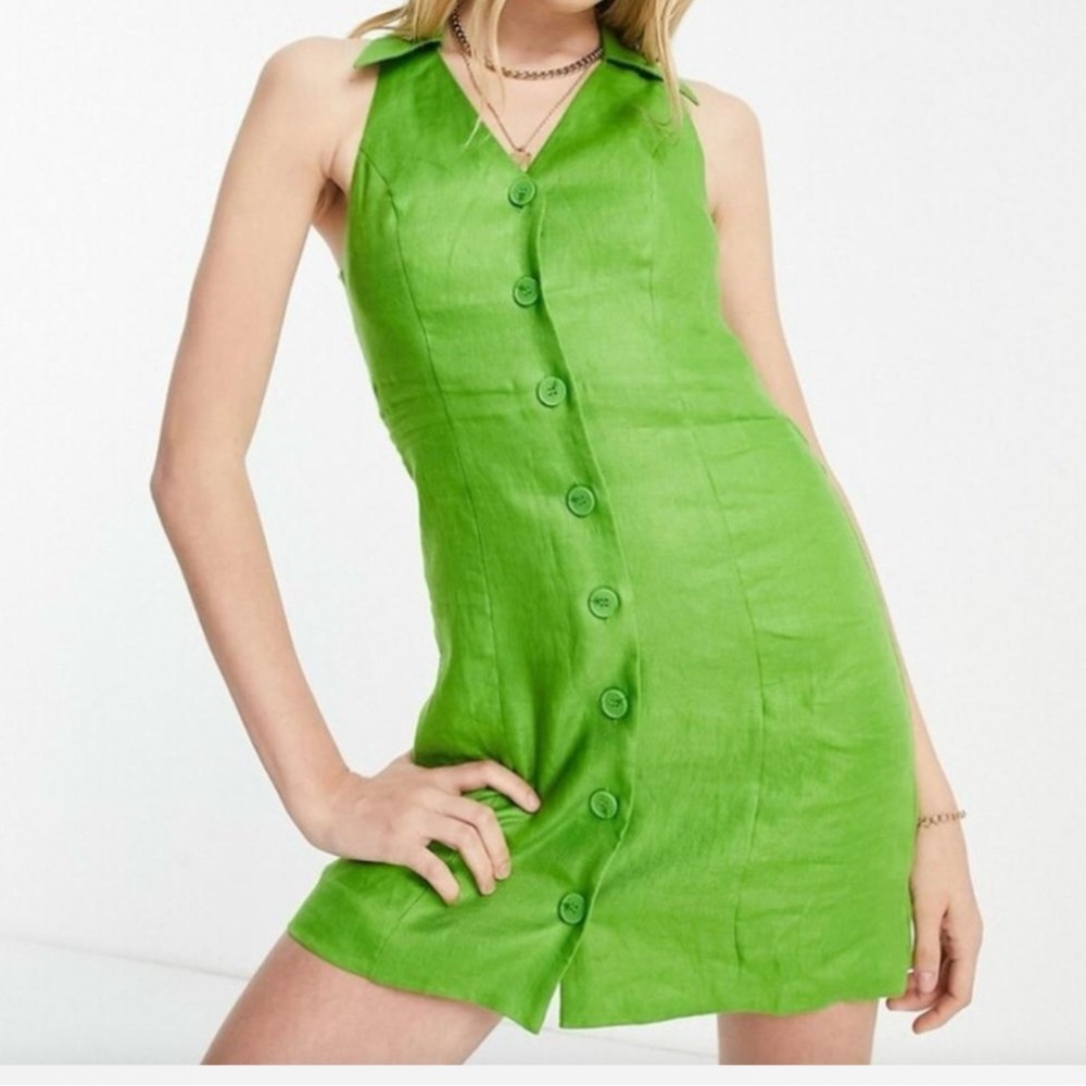 100% Linen &Other Stories Bright Green Button-Up Mini Dress